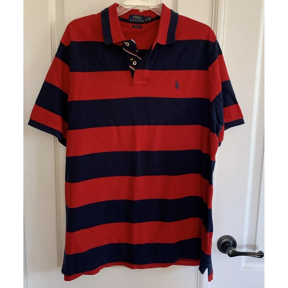 Polo Ralph Lauren Navy Blue Red Striped Classic Fit Polo Shirt Size XL